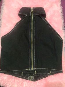Freakins Black Halter Neck Crop Cotton Top