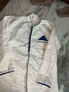 Classy Men White Kurta With Blue Pyjama(chooridar)