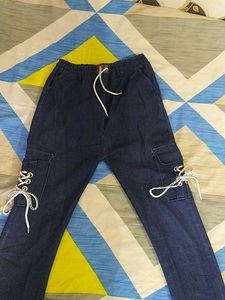 Dark Wash Lace-Up Cargo Pants