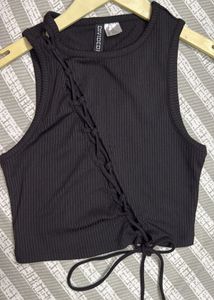 Black Ribbed Lace-Up Tank Top