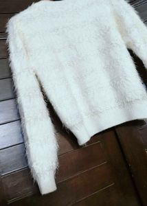 Women White Fur Fluffy Knit Casual Pullover