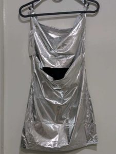 Silver Metallic Mini Dress Slit Sides