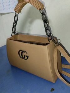 Beige Shoulder Bag with Silver Logo