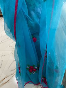 Blue Organza Saree with Floral Embroidery