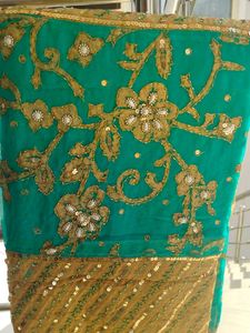 Emerald &amp; Gold Embellished Saree