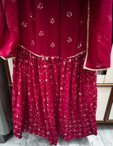 Hot pink Embroidered Kurta sharara set