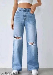 Blue Denim Straight Fit Knee Slit Jeans For Girls