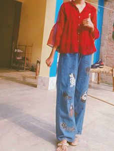 Dog Print Wide Leg Jeans