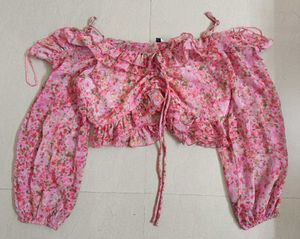 Ruffle Floral Print Pink Crop Top