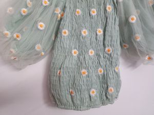 Shirred Daisy Embroidered Crop top