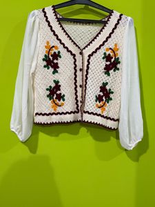 Crochet Cardigan with Sheer Sleeves