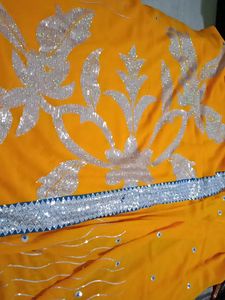 Yellow Sequence Saree with Blue Border