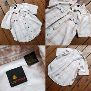 Vintage 90&#39;s white tan plaid short sleeve shirt