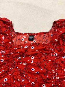 Red Floral Ruched Blouse