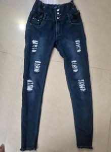 High-Waist Distressed Skinny Jeans – Dark Blue