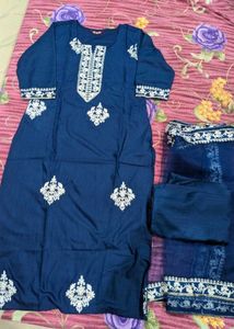 Teal Blue &amp; Motifs Embroidery Kurti Pant Dupatta