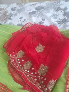 Green Chiffon Saree with Red stone blouse piece