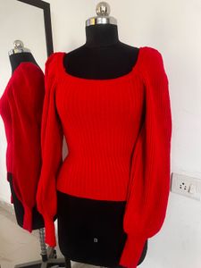 Red Knit Square Neck Top