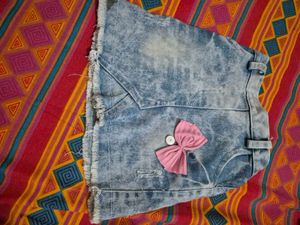 Denim Mini Skirt with Pink Bow