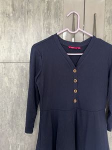 Navy Ribbed Fit &amp; Flare Dress