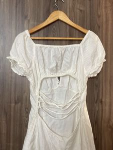 White Backless Dress With Drawstrings