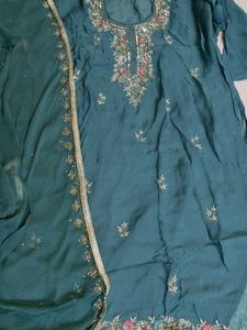 Teal Embroidered semistich suit