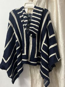 Striped Poncho with Buckle Detail