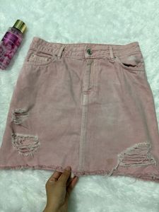 H&amp;M Pink Denim Distressed Skirt