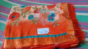 Orange Floral Sari with Embellishments