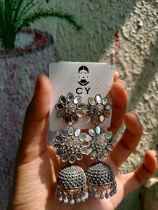 Mirror Sunflower Silver Jhumka🤍