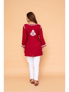 Maroon &amp; White Print  Embroidered Short Kurti