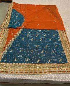 Teal &amp; Orange Embellished Saree