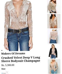 Champagne Plunging Neck Crushed Velvet Bodysuit