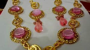 Pink & Gold Tone Drop Earrings Necklace Set