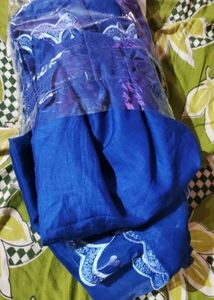 Blue v-neck embroidered Kurti Trouser Dupatta Set