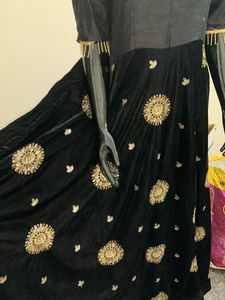 Boat Neck Black Velvet Gown
