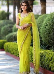 Elegant Chartreuse Saree with Gold Embellishments