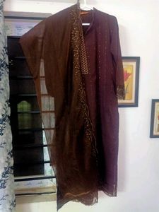 INDO ERA Brown Mirror Design Kurti Set