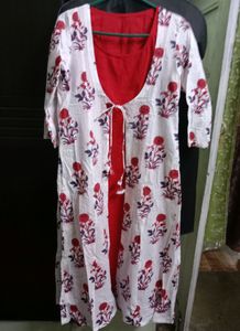 Floral Print Red & White Tunic With Jacket