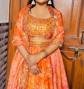 Orange&amp; gold sequined lehanga Myntra