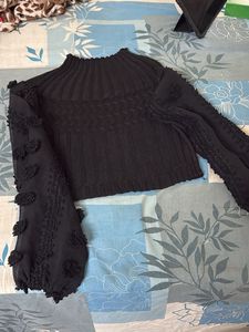 Black Woolen Top With Georgette Fancy Sleeves