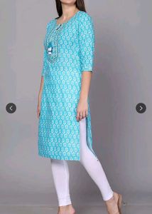 Blue Printed Mirror Work Cotton Straight Kurta