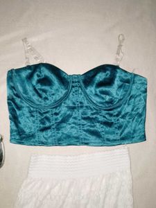 Teal Satin Bustier Crop Top
