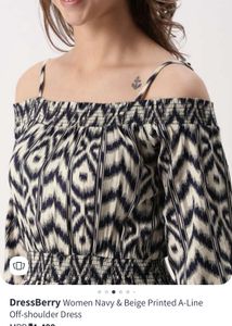 DressBerry Women Navy &amp; Beige Printed A-Line Off-s