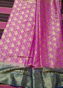 Pink Zari Work Printed Slik Saree With Blouse