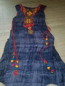 A-line Long Embroidered Kurta With Pompom Latkn