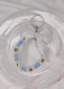 Pale Blue Beaded Keychain with Bow