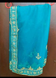 Teal &amp; Gold Embroidered Lehenga