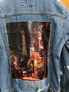 NUON PRINTED DISTRESSED BLUE  DENIM JACKET