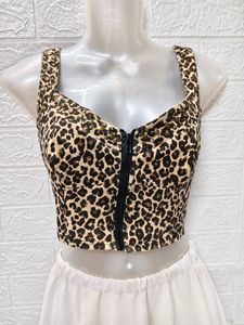 Zipper Corset Crop Top with Cheetah Print